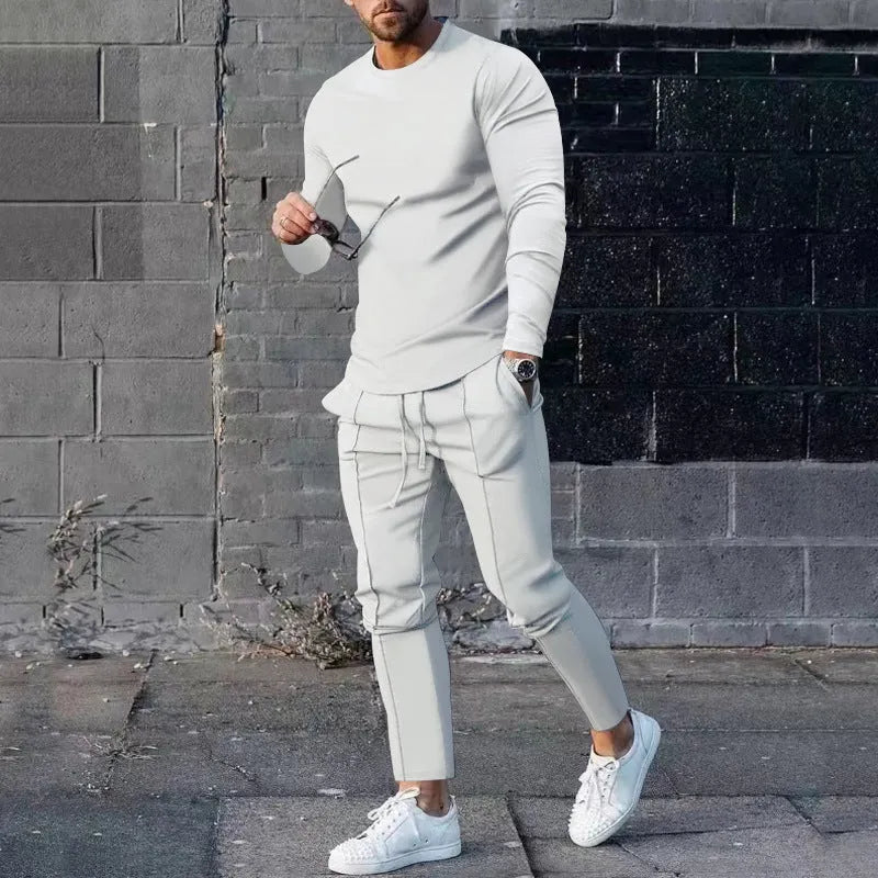 Men's light grey polyester two-piece casual suit with round neck long sleeve T-shirt and trousers