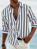 Men's loose-fit striped casual long-sleeved shirt in British cardigan style, shown in a selection of colours.