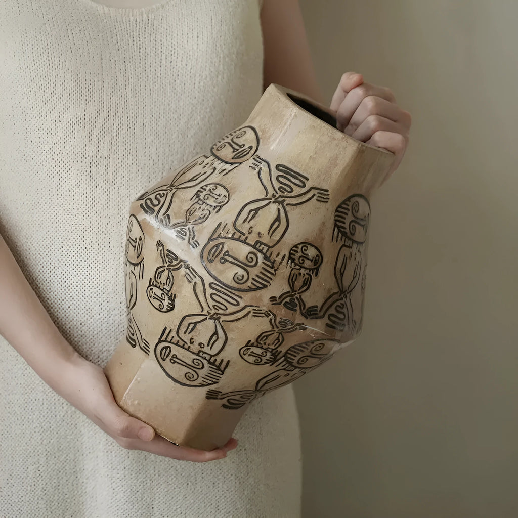 Hand-painted ceramic cylindrical table vase with vintage carved art and tribal totem flower patterns