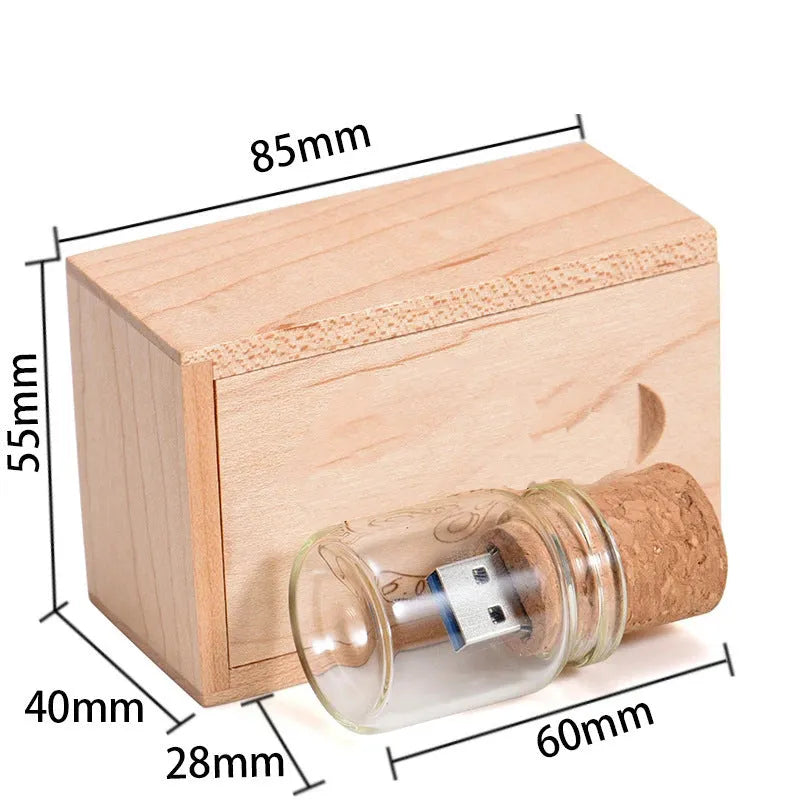 Chocolate-brown wooden drift bottle-shaped USB flash drive with custom lettering graphics on a wooden disk.