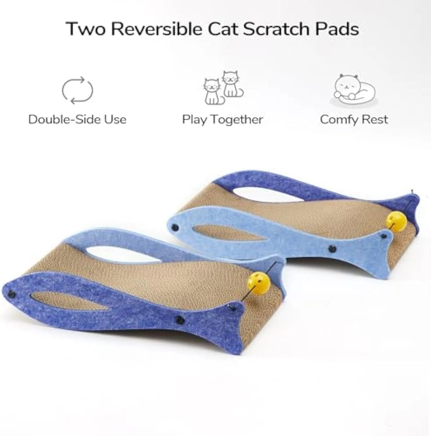 Blue fish shaped cat scratcher with cardboard surface and ball toy on elastic cord