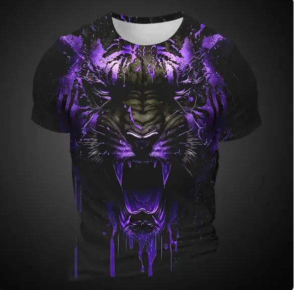 Men's 3D tiger pattern T-shirt in polyester with short sleeves