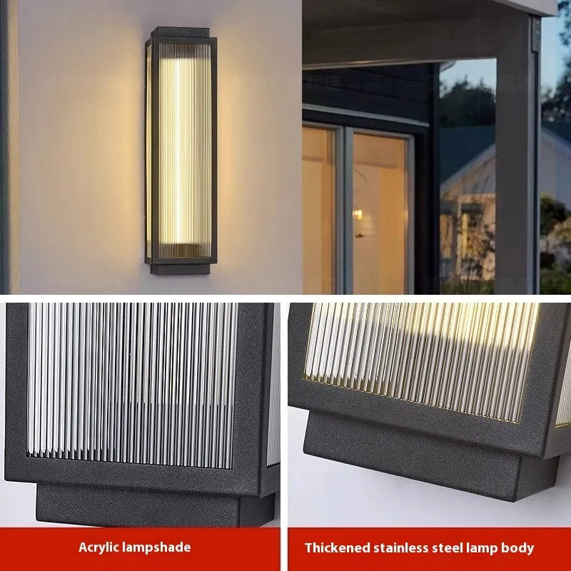 Stainless steel waterproof outdoor wall light fixture for garden or courtyard mounting.
