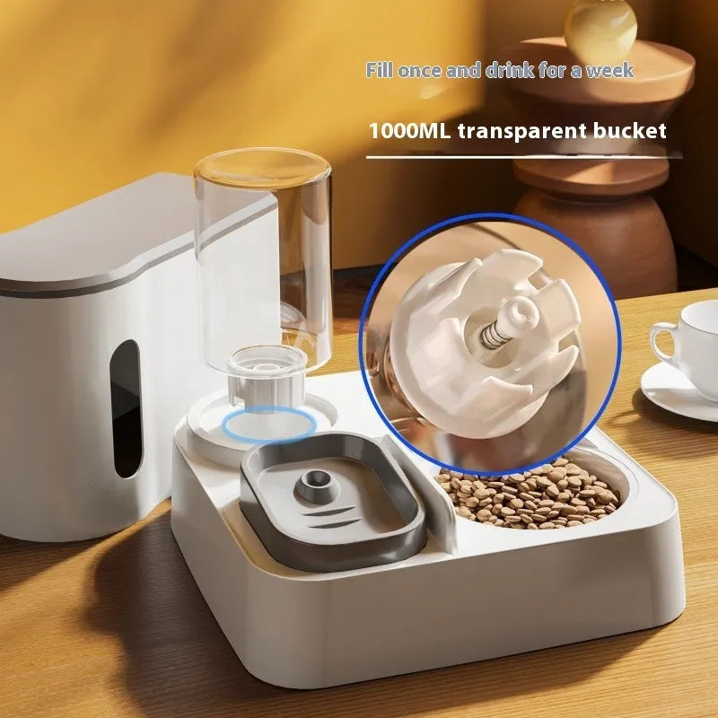 Grey automatic cat feeder and water dispenser unit with two bowls.