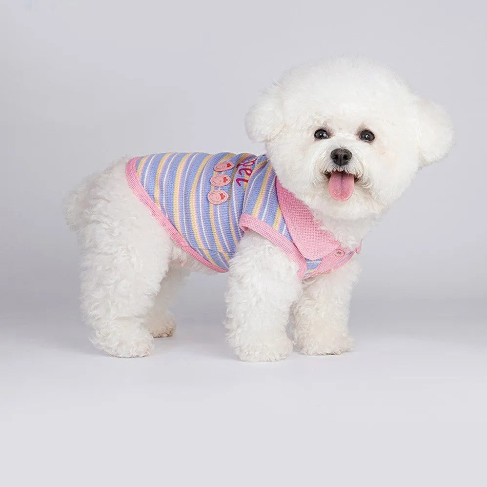 Pink purple vest for a small dog or cat, shown on a mannequin, with a size chart for pets 1.5kg to 14kg.