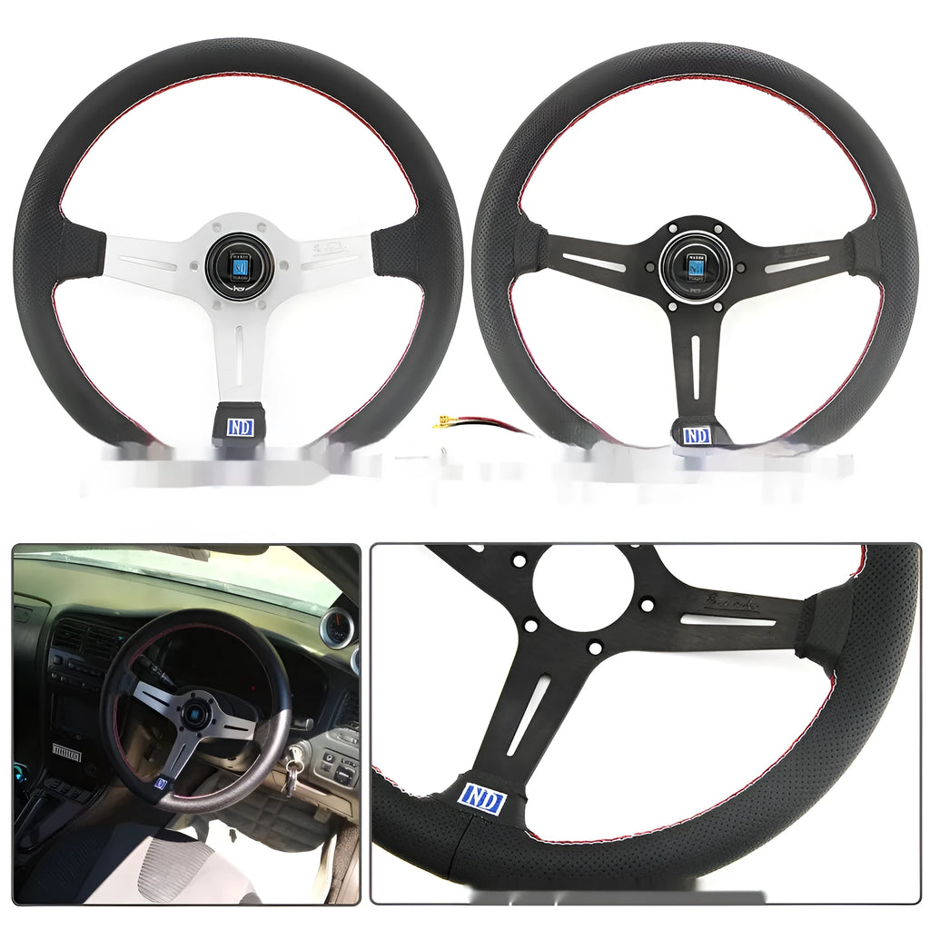 14-inch leather steering wheel with middle concave shape and silver black finish