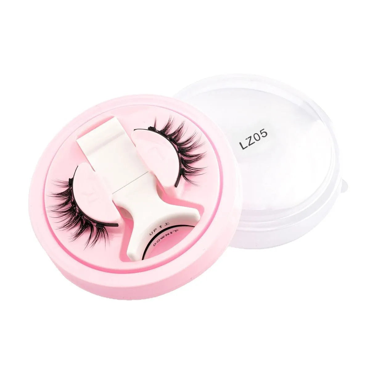 Set of reusable waterproof glue-free false eyelashes in natural thick styles on a clear background.