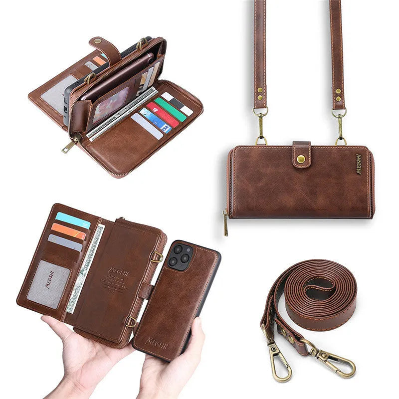 Black detachable wallet magnetic phone case for Samsung Galaxy Note and iPhone on a table.