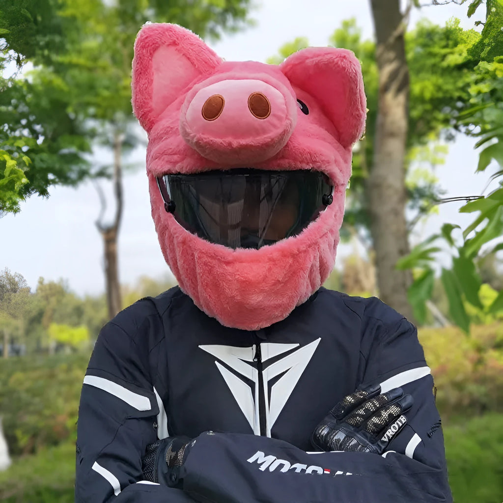 Pink cartoon pig design plush hood for motorcycle helmet comfort.