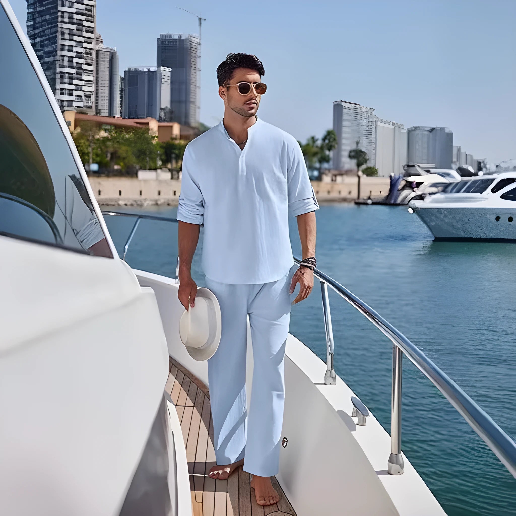 Men's solid colour casual cotton long sleeve trouser suit shown in available colours