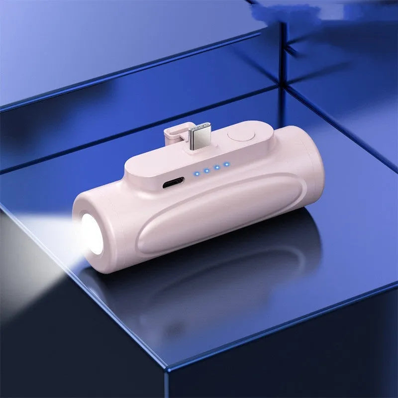 Black Glare power bank with integrated LED flashlight showing USB-C port and compact size.