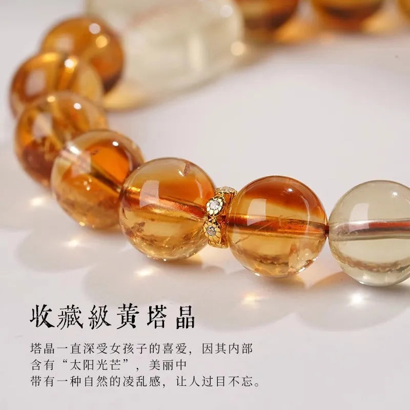 Women's carved citrine ethnic bracelet with 10mm geometric crystal beads