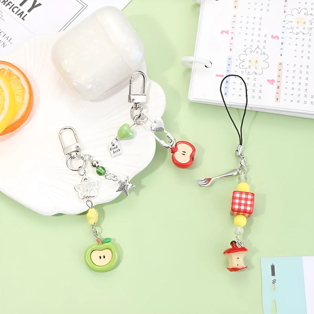 Plastic resin fruit mobile phone charm keychain with apple strawberry designs