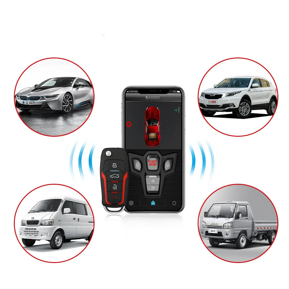 Red and black one-way remote control car alarm system with two remotes for 3000 metre vehicle security.