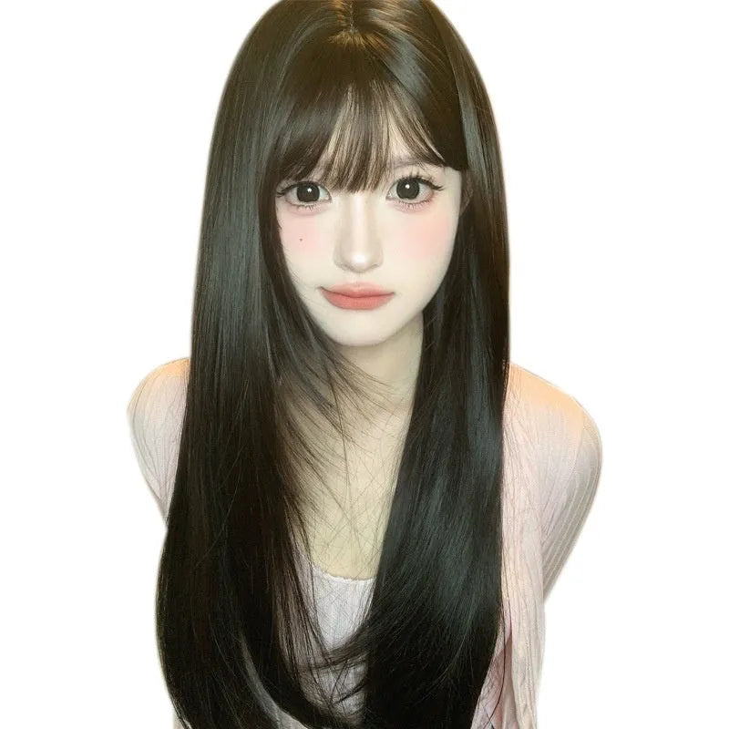 Dark brown long straight full-head wig with fringe made from high temperature synthetic fibre