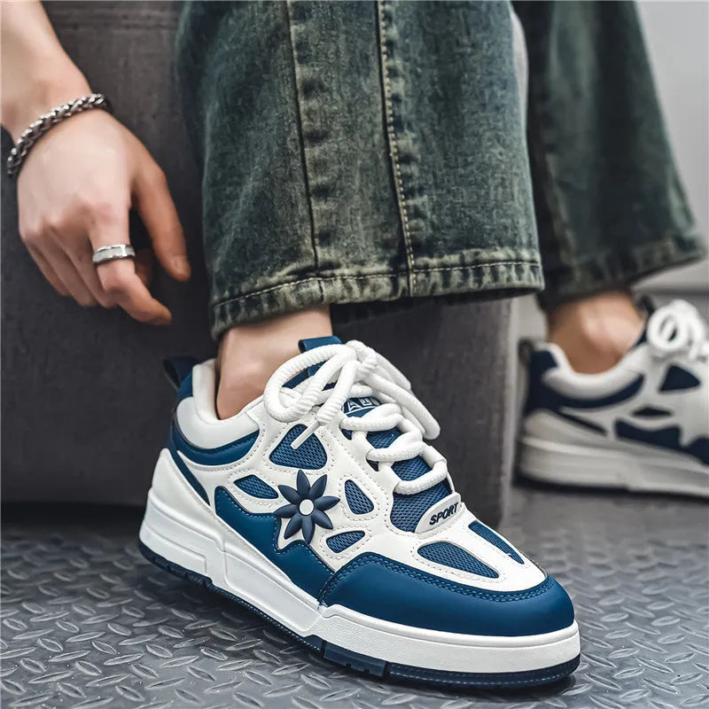Men's Korean style bread shoes with belt decoration colour blocking and leather stitching in black