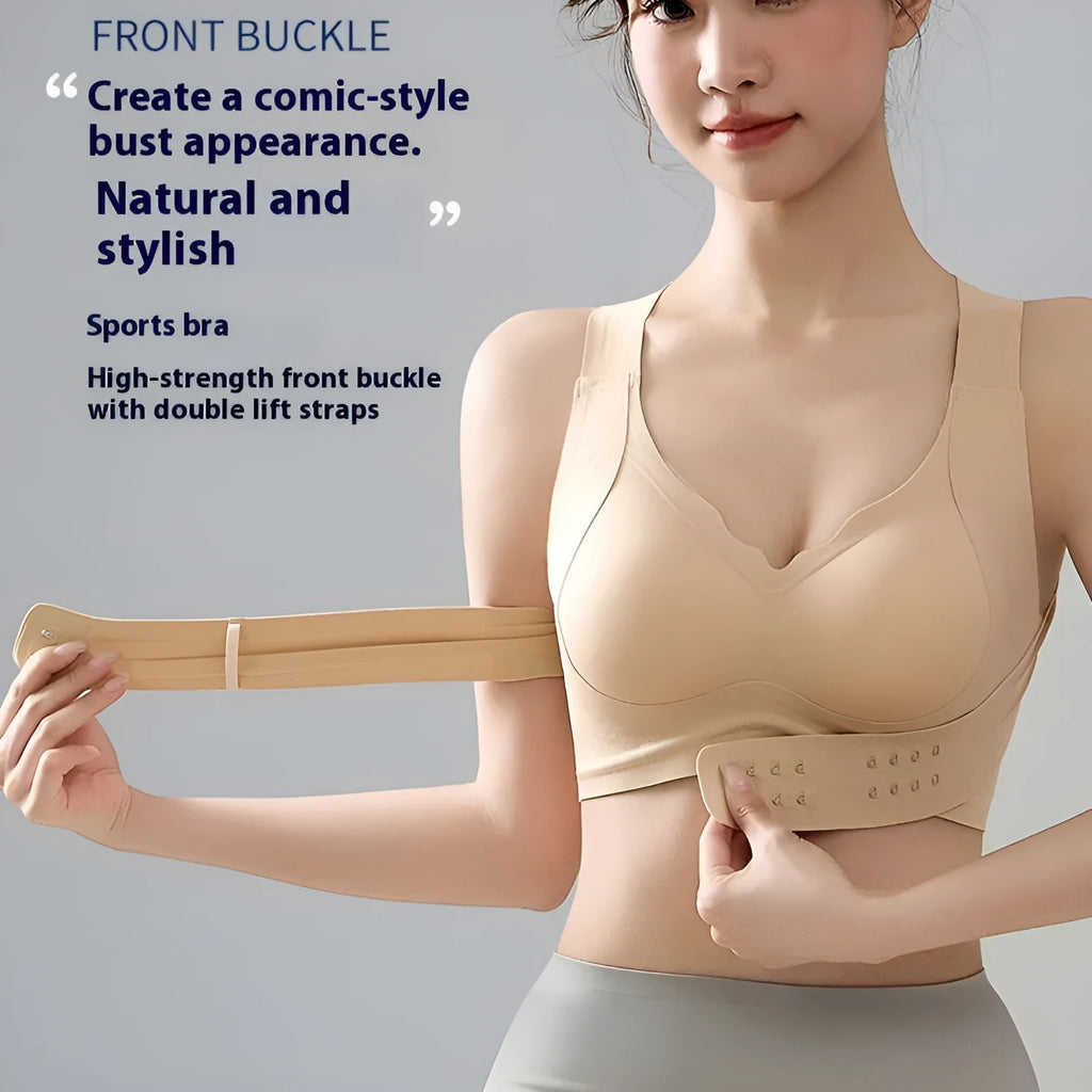 Women's black sports bra with front buckle fastening and back shaping design