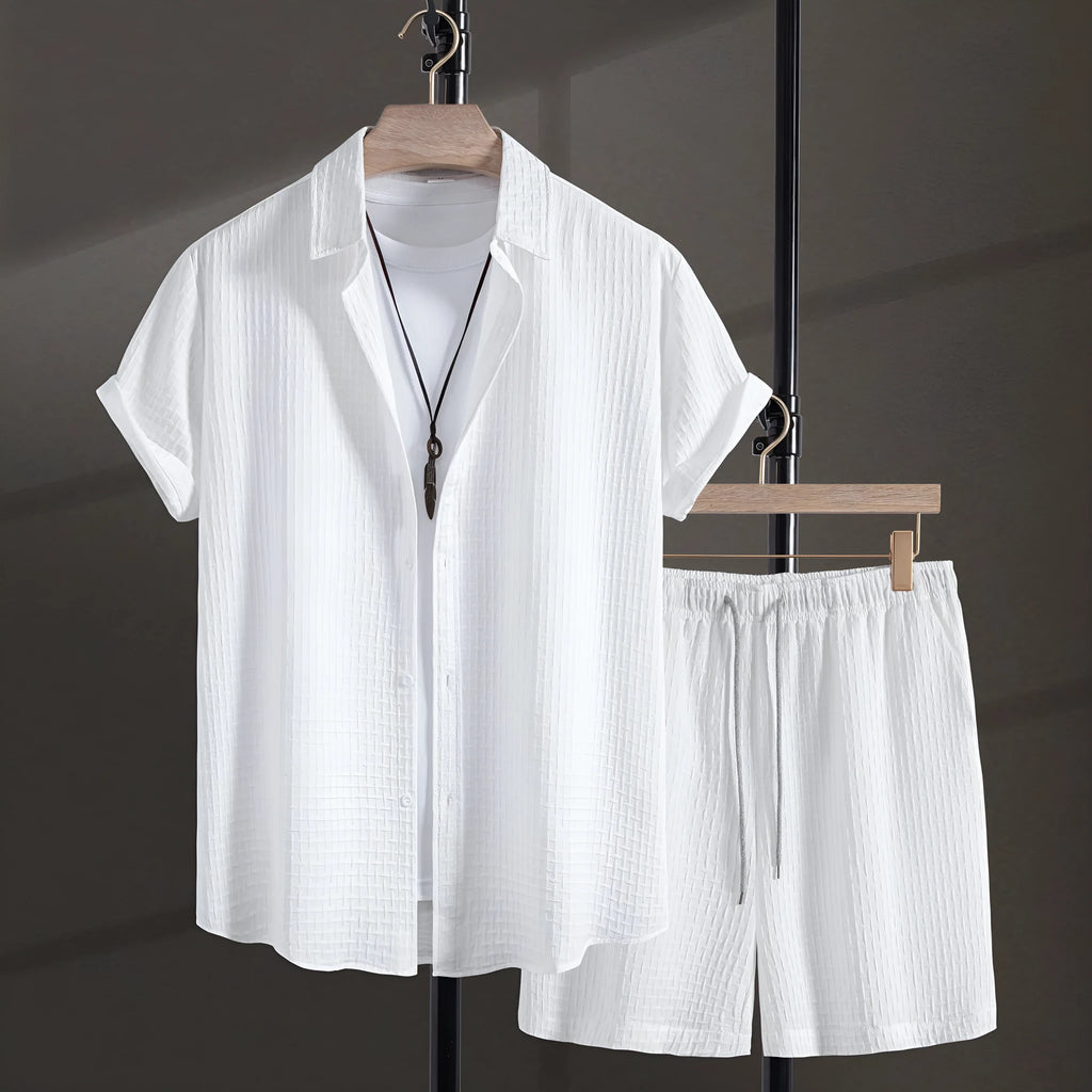 Men's black cotton blend short sleeve shirt and shorts suit for summer beach wear