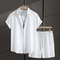 Men's black cotton blend short sleeve shirt and shorts suit for summer beach wear