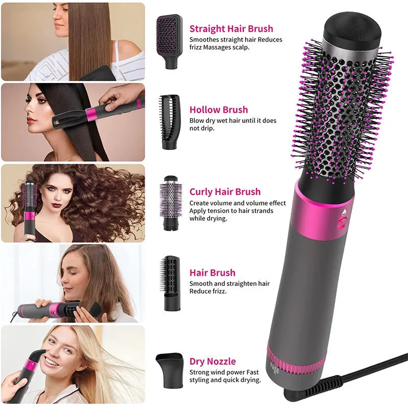 Dyson grey 5-in-1 hair dryer styling brush with interchangeable brush heads on white background