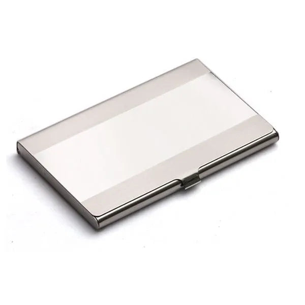 304 stainless steel business card case with geometric laser engraving showing 92.5 x 58 mm dimensions