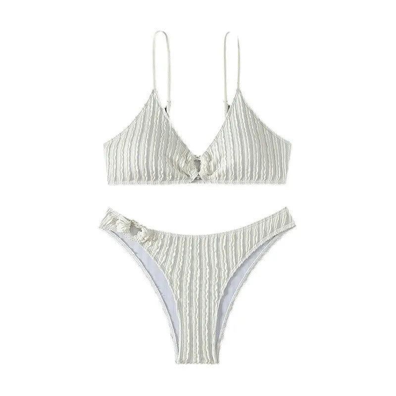 White women's V-neck swimsuit with split skirt design for swimming activities