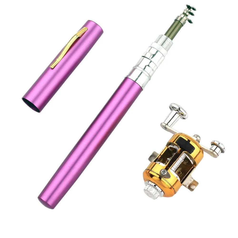 Gold telescopic pocket fishing rod extended next to its aluminium pen case and ST5RL reel.