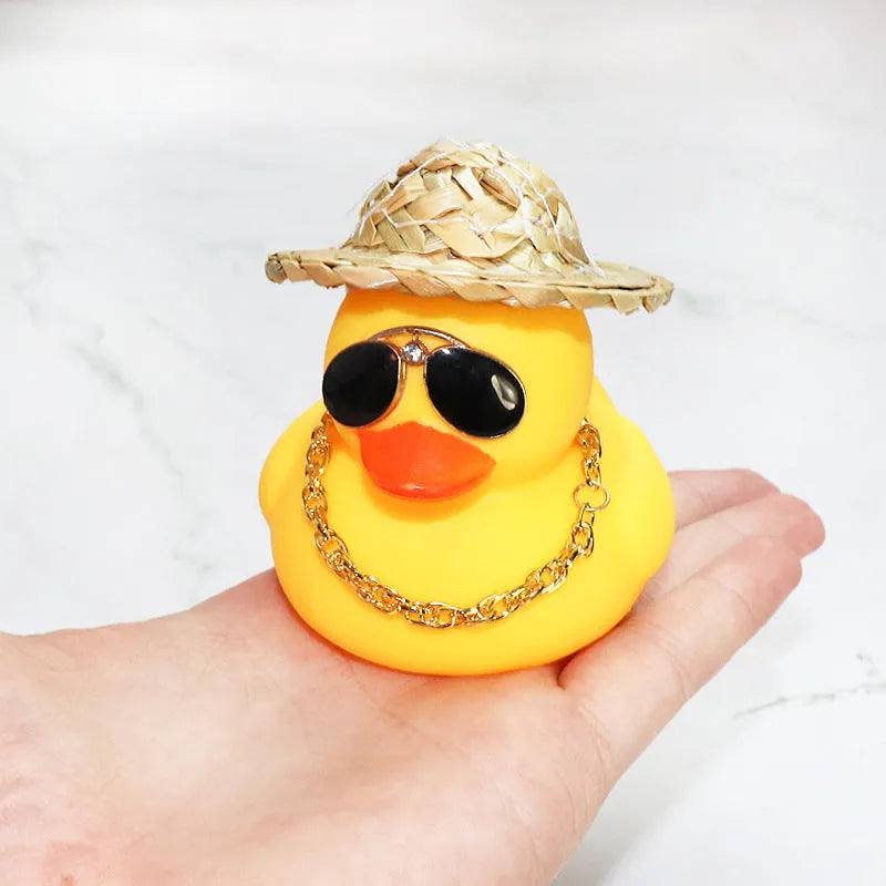 Straw Hat Yellow Duck cartoon car ornament with removable sunglasses necklace on dashboard