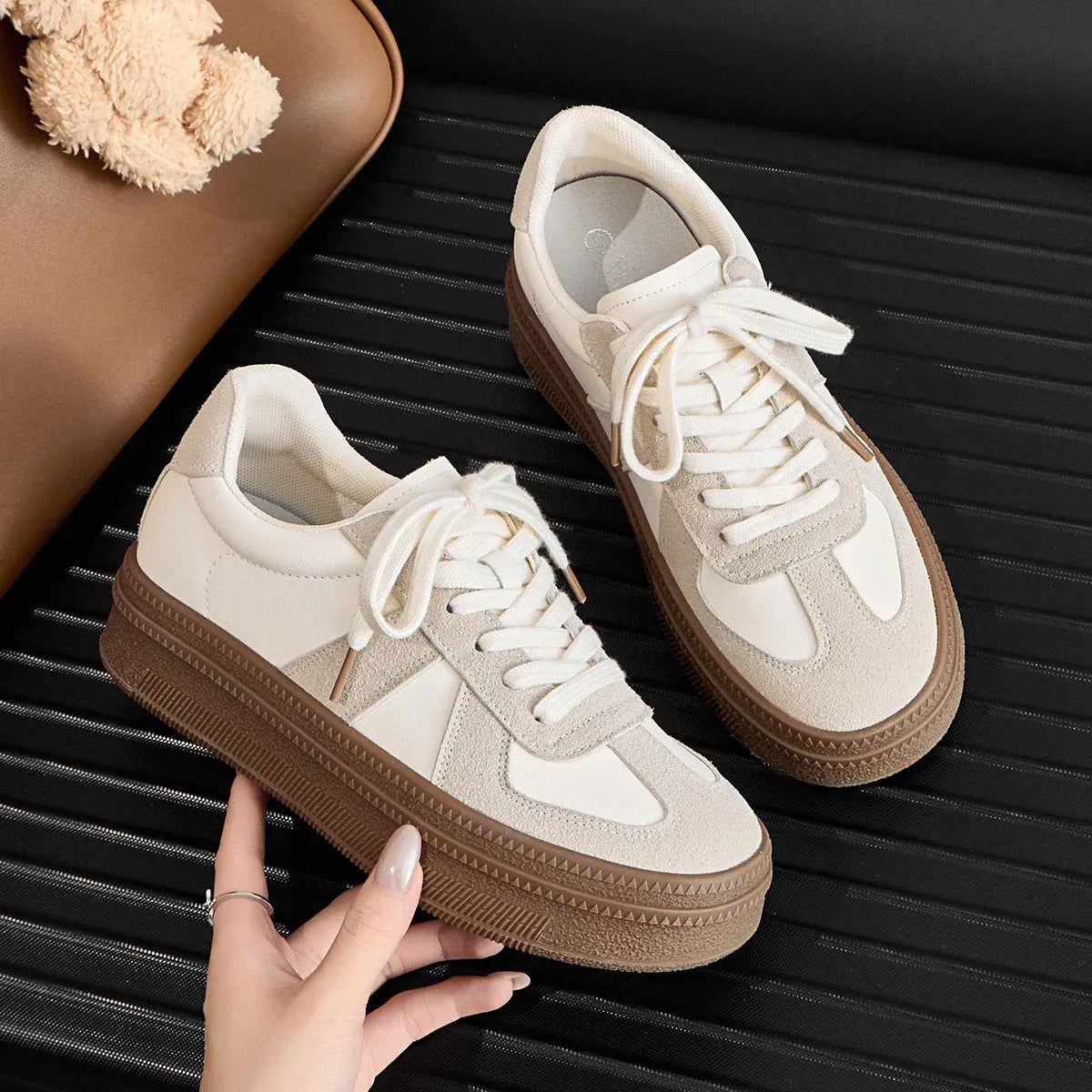 Retro round toe board shoes with cross shoulder straps in milky white colour.
