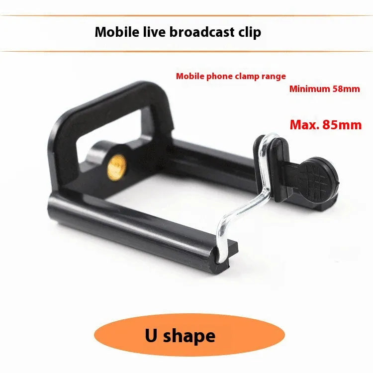 Black plastic universal mobile phone holder with U-clip bracket for attaching to cylindrical surfaces