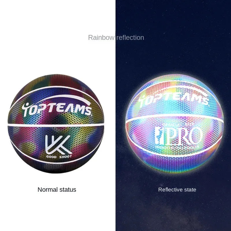 No. 7 basketball with holographic reflective surface and fluorescent colours on PU leather.