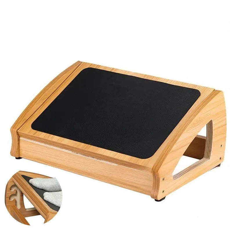Wooden bamboo office desk footstool with minimalist design in natural wood colour.