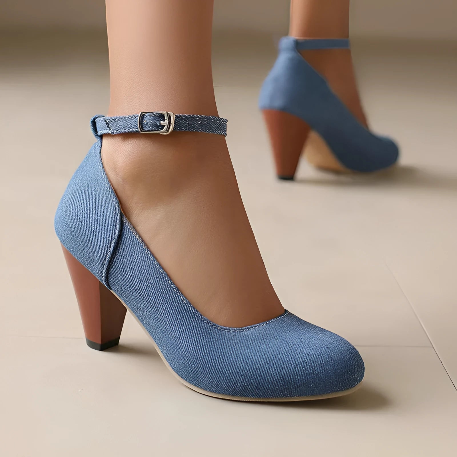 Blue denim women's high heel shoes with a buckle strap and waterproof platform sole.