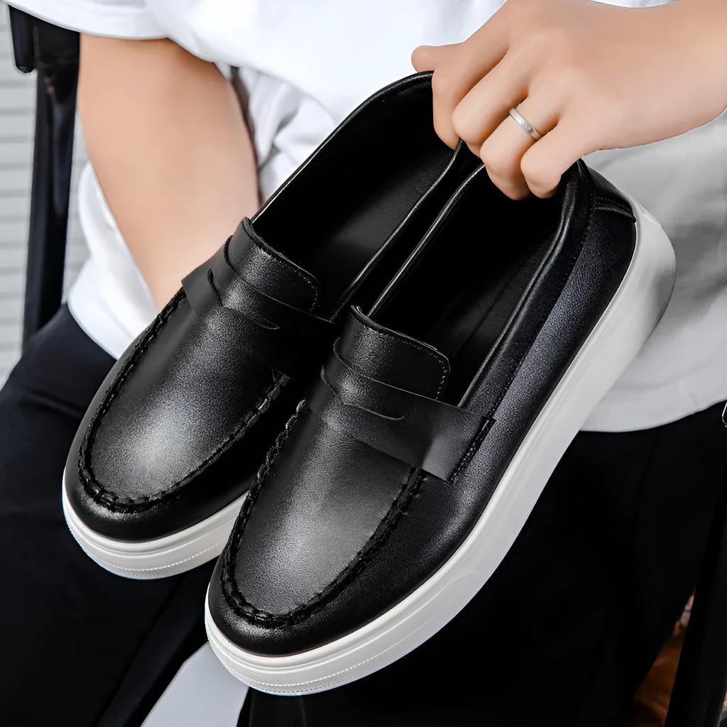 British style round toe casual shoes in PU leather, shown in white, black and white, and khaki colour options.