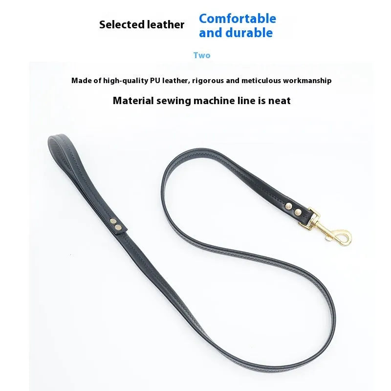 Black PU leather pet traction belt with metal chain rings for lead attachment