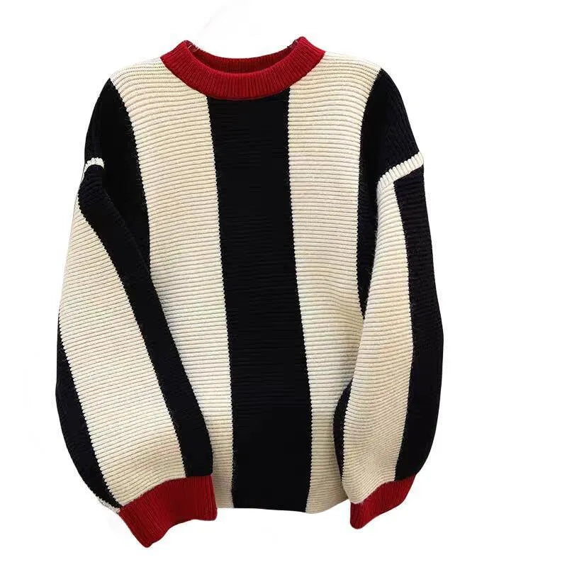 Women's striped cashmere pullover sweater with round neck in contrast colours.