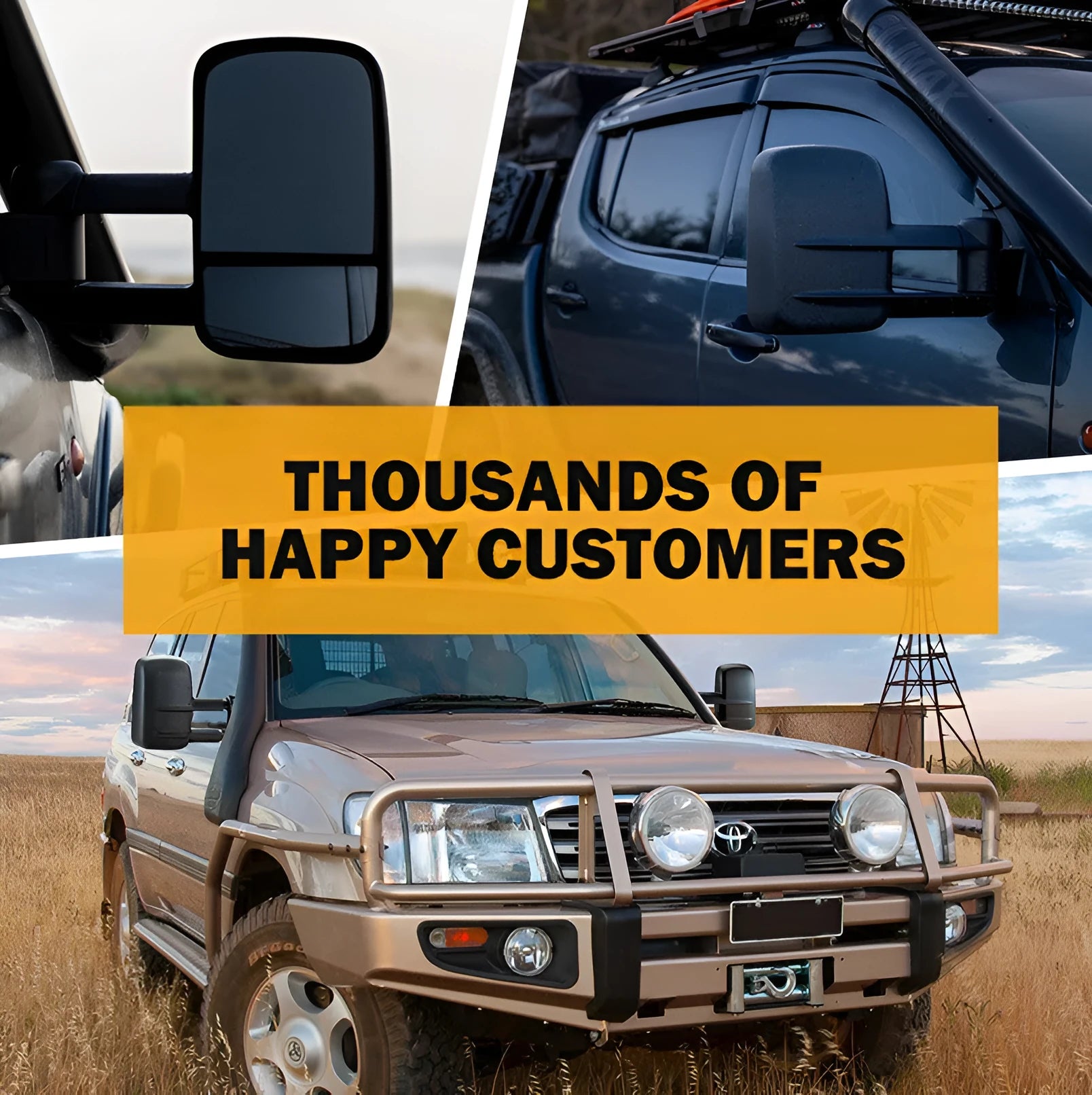 Pair of black foldable rearview mirrors for Toyota Land Cruiser 100 (1998-2007 models)