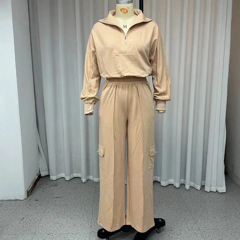 Women's light camel polyester two-piece set with lapel short top and high waist wide leg trousers