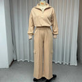 Women's light camel polyester two-piece set with lapel short top and high waist wide leg trousers