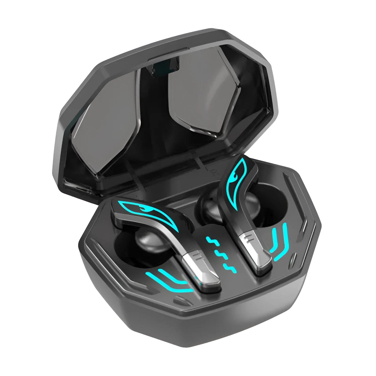 X15 wireless Bluetooth in-ear gaming headphones with charging case, shown in available colours.