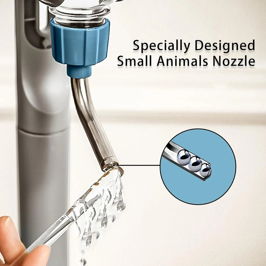 Blue small animal water bottle with rotatable nozzle attached to a cage, showing 500ml capacity.