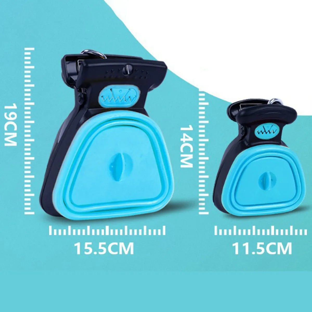 Blue portable dog pooper scooper with clip, shown unfolded next to a dog lead.