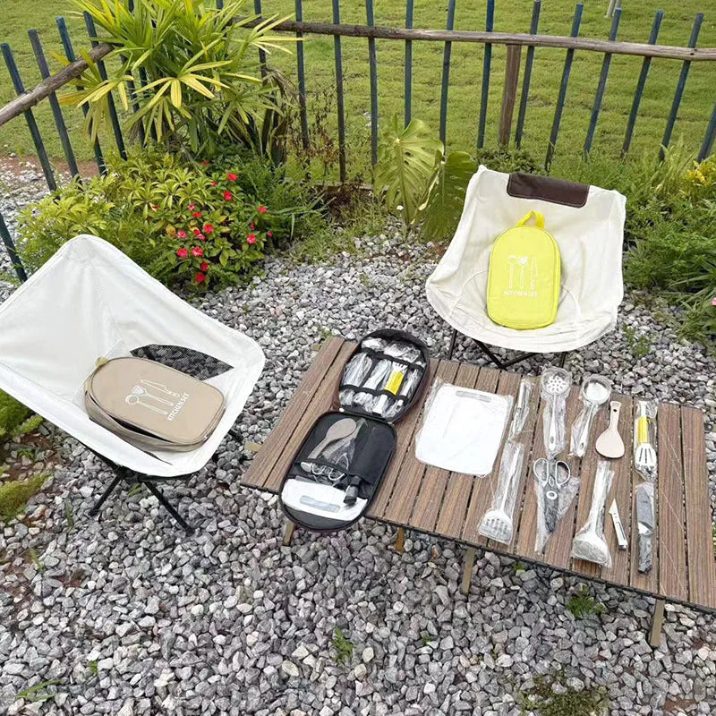 Picnic kitchenware storage bag containing 12 stainless steel utensils in brown, green, or khaki colour