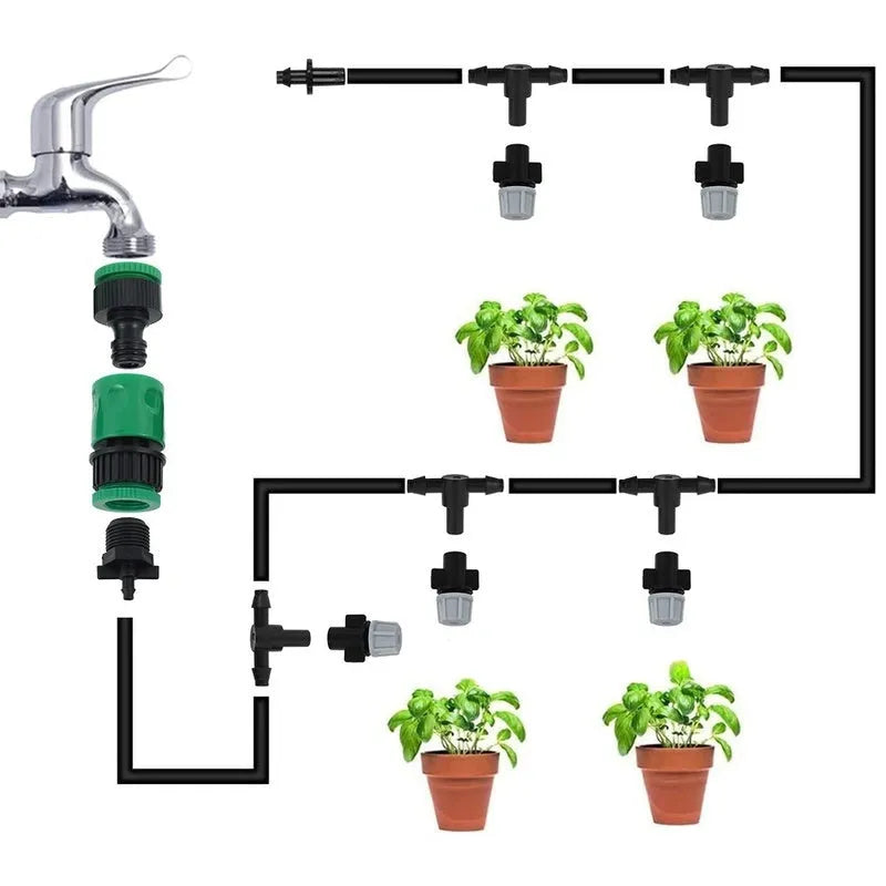 PE garden irrigation hose 10m with 10 micro spray units lying on green grass