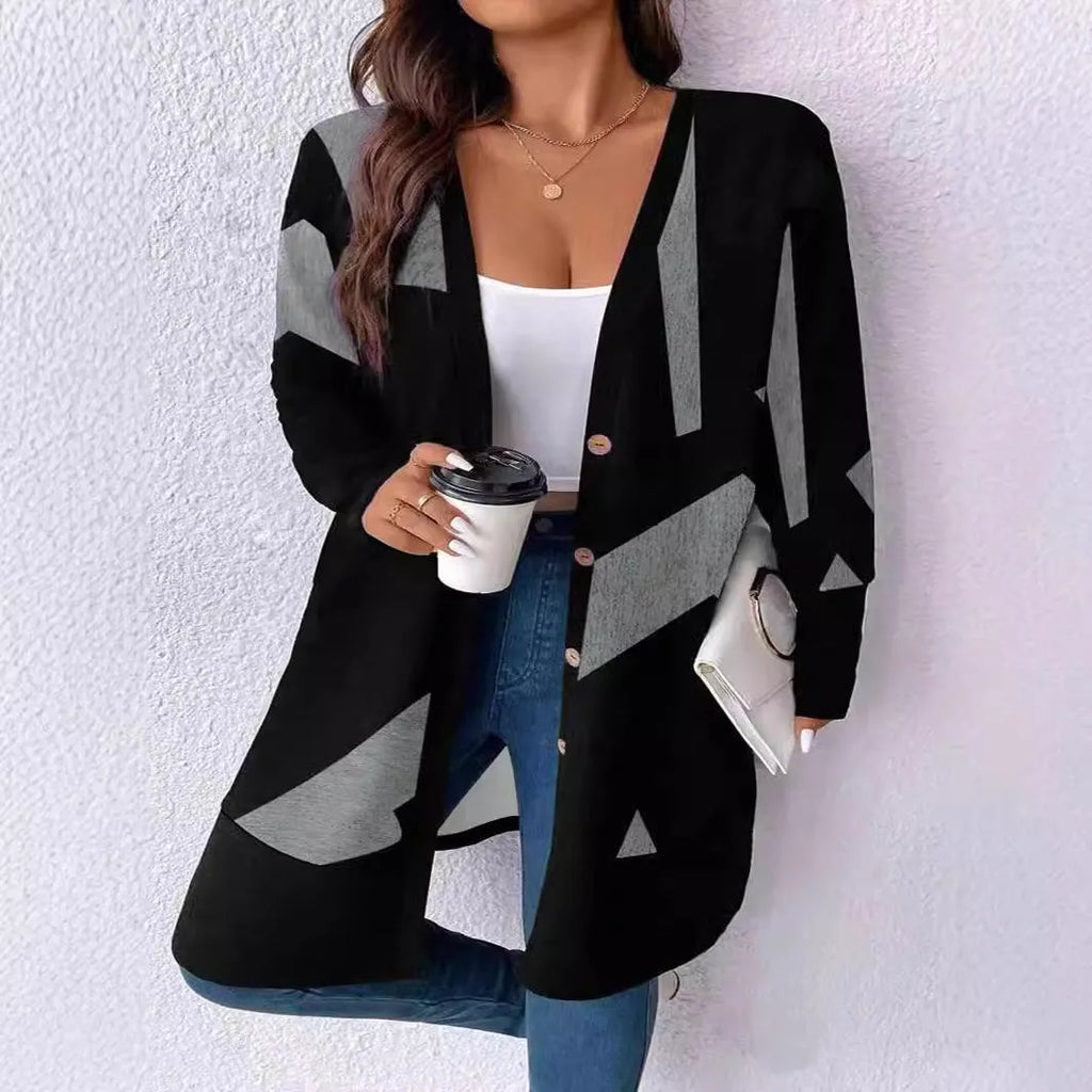 Black plus size casual cardigan with button stitching printing, loose fit regular sleeve design