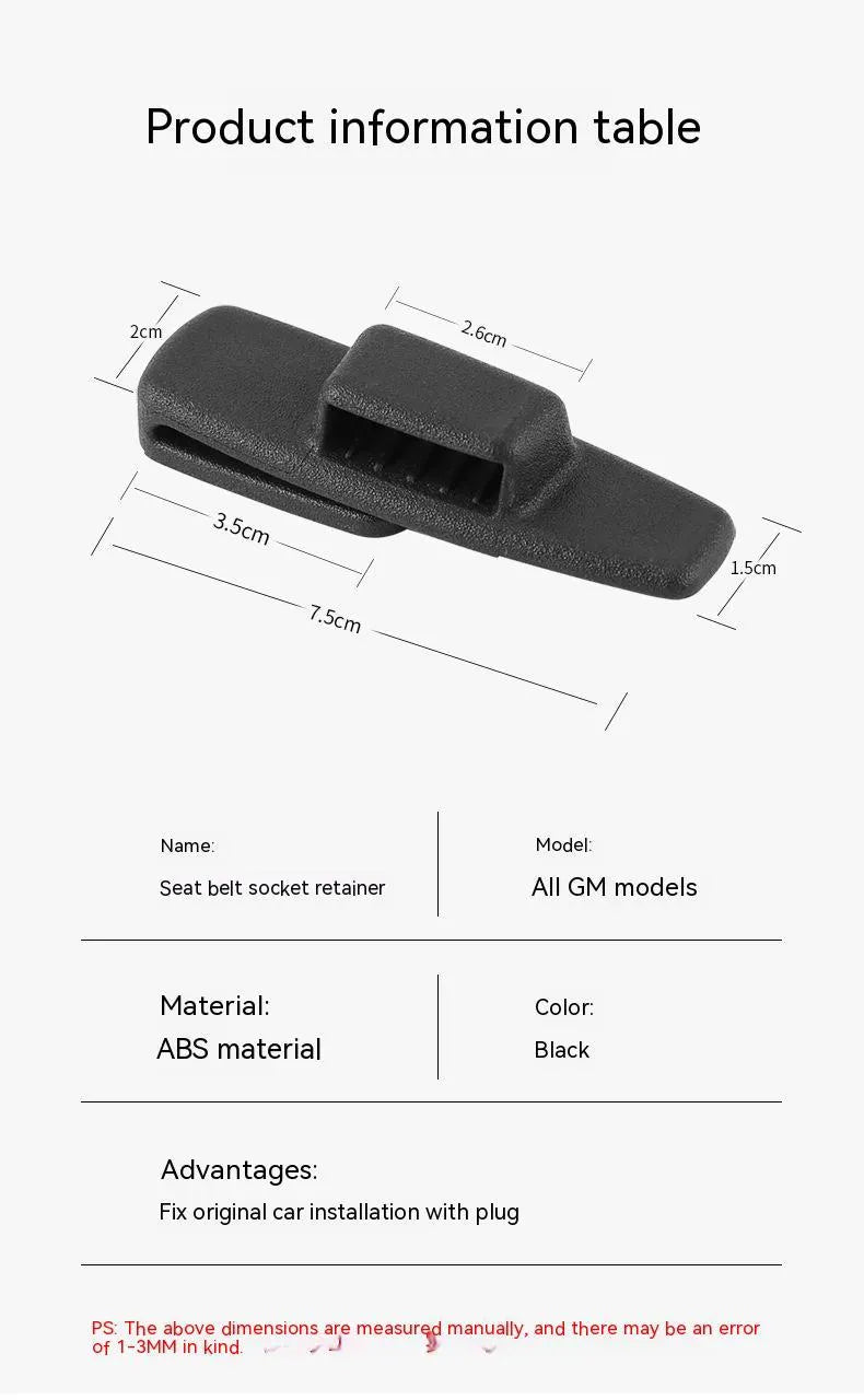 Two black ABS plastic car seatbelt stopper clips on clear OPP packaging.