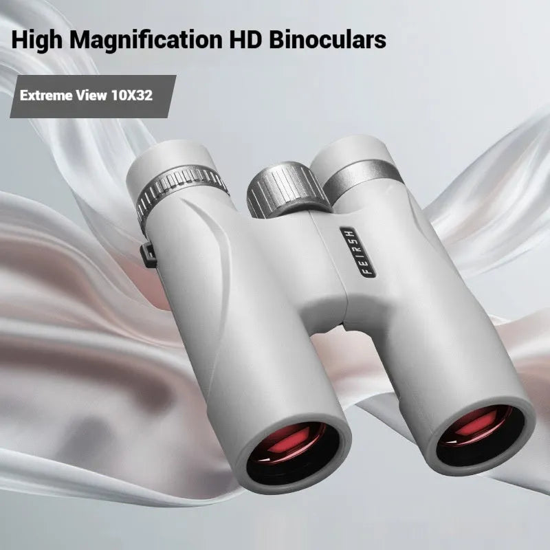 Blue or grey coloured 10x32 plastic binoculars with 32mm objective lenses.