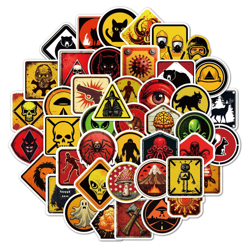 Pack of 50 bright PVC waterproof warning stickers for helmets and skateboards.