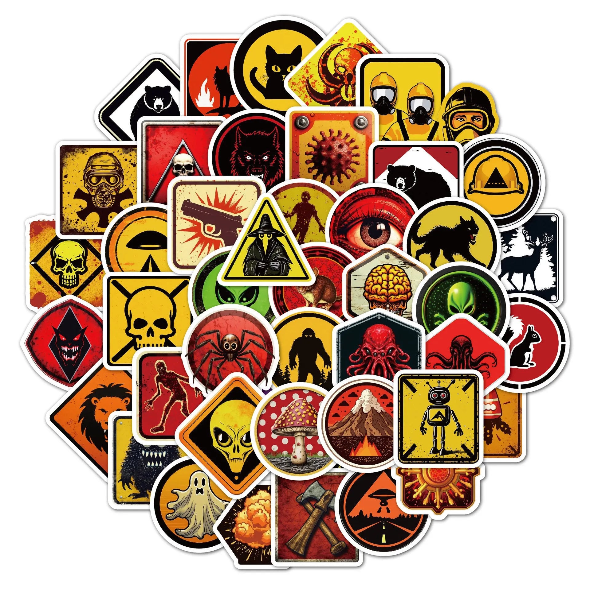 Pack of 50 bright PVC waterproof warning stickers for helmets and skateboards.