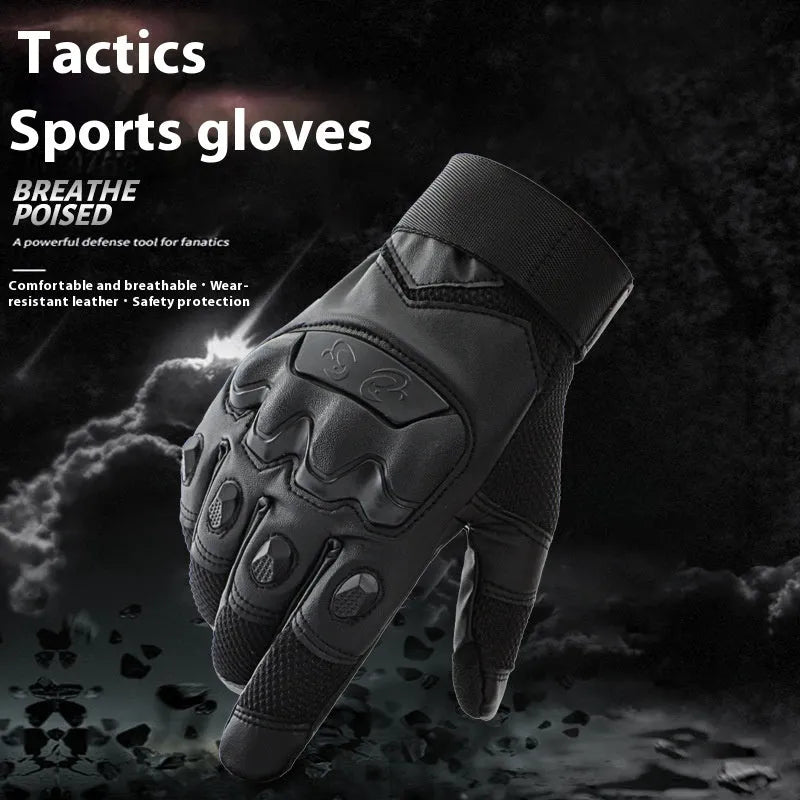 Men's black tactical full finger gloves with touch screen fingertips on a hand